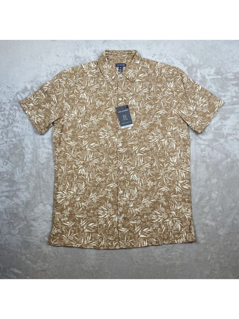 Van Heusen Mens S/P Tan & White Tropical Print Button-Up Shirt Cotton Blend